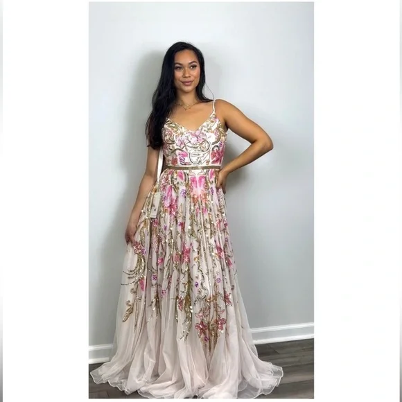 mac duggal floral embroidered dress Strapless Bustier Floral Embroidered Mermaid Gown